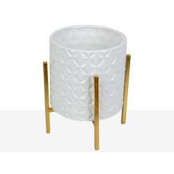 MACETA CERAMICA BLANCA CON SOPORTE METAL DORADO