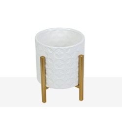 MACETA CERAMICA BLANCO CON SOPORTE METAL DORADO