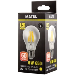 BOMBILLA LED FILAMENTO ESTANDAR CLARA E27 6W CALIDA