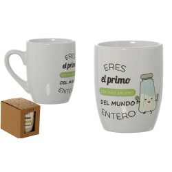 TAZA DECORADO "Eres el primo con más salero del mundo entero"