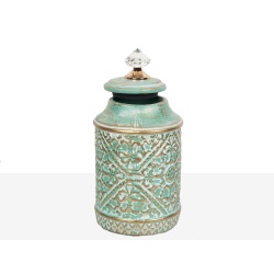 BOTE CERAMICA VERDE AGUA Y DORADO CON TAPADERA DE VIDRIO