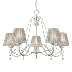 LAMPARA MARFIL 5 BRAZOS CON PANTALLA RIZADA BEIGE Y LÁGRIMAS BLANCAS