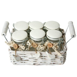 JUEGO 6 ESPECIEROS DE CRISTAL CON SOPORTE DE MIMBRE